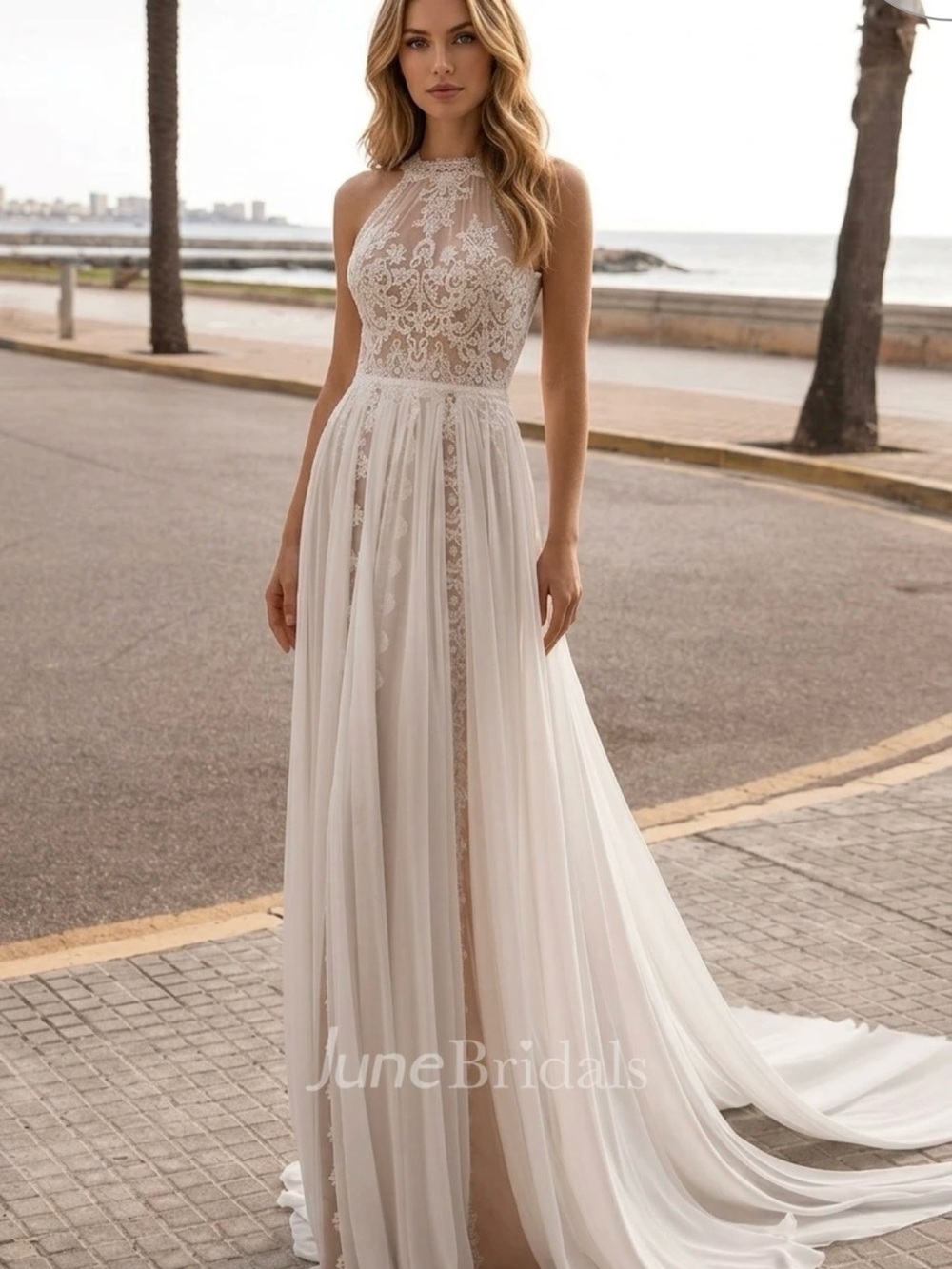 White Nude Lace Halter A-Line Wedding Dress Boho Summer Bohemian Destination 8